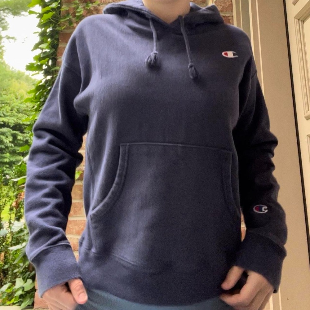 Navy blue champion hoodie.